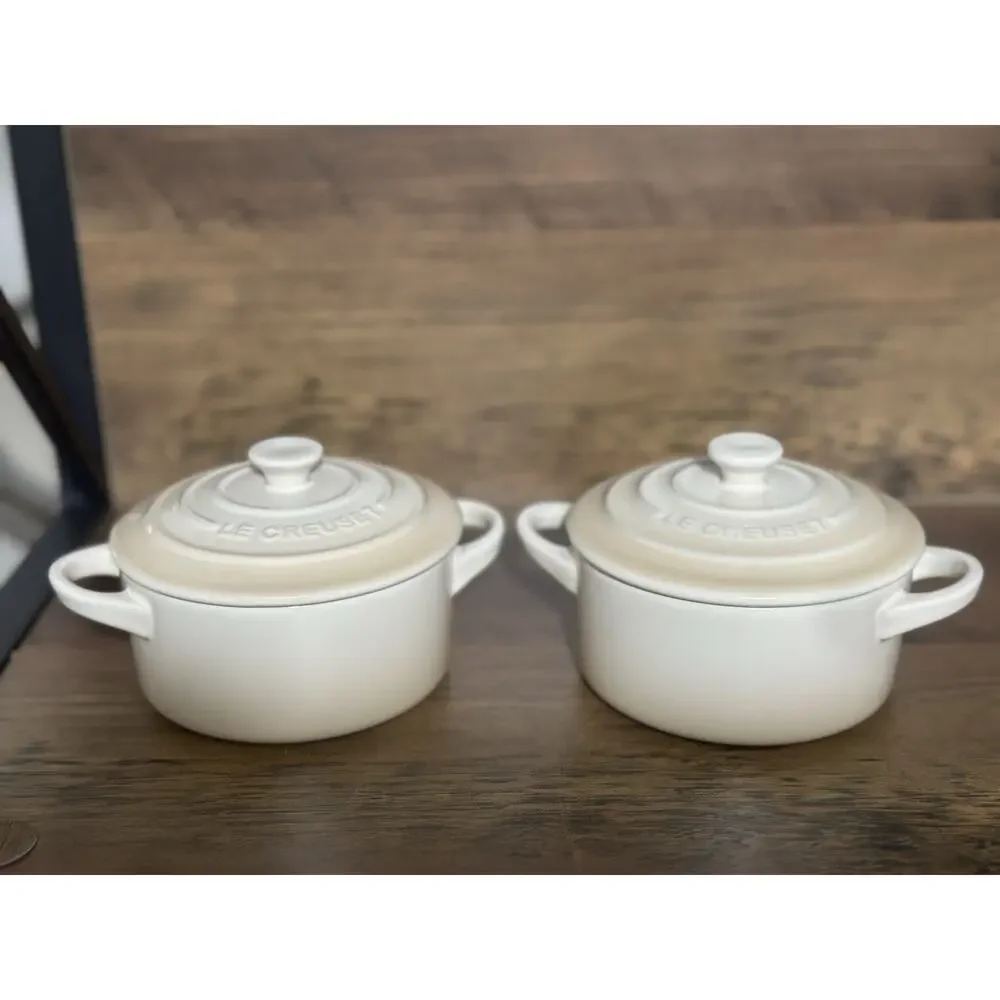 2 Le Creuset Stoneware Mini Cocotte W/Lid 10cm / 8oz ~ DUNE NIB